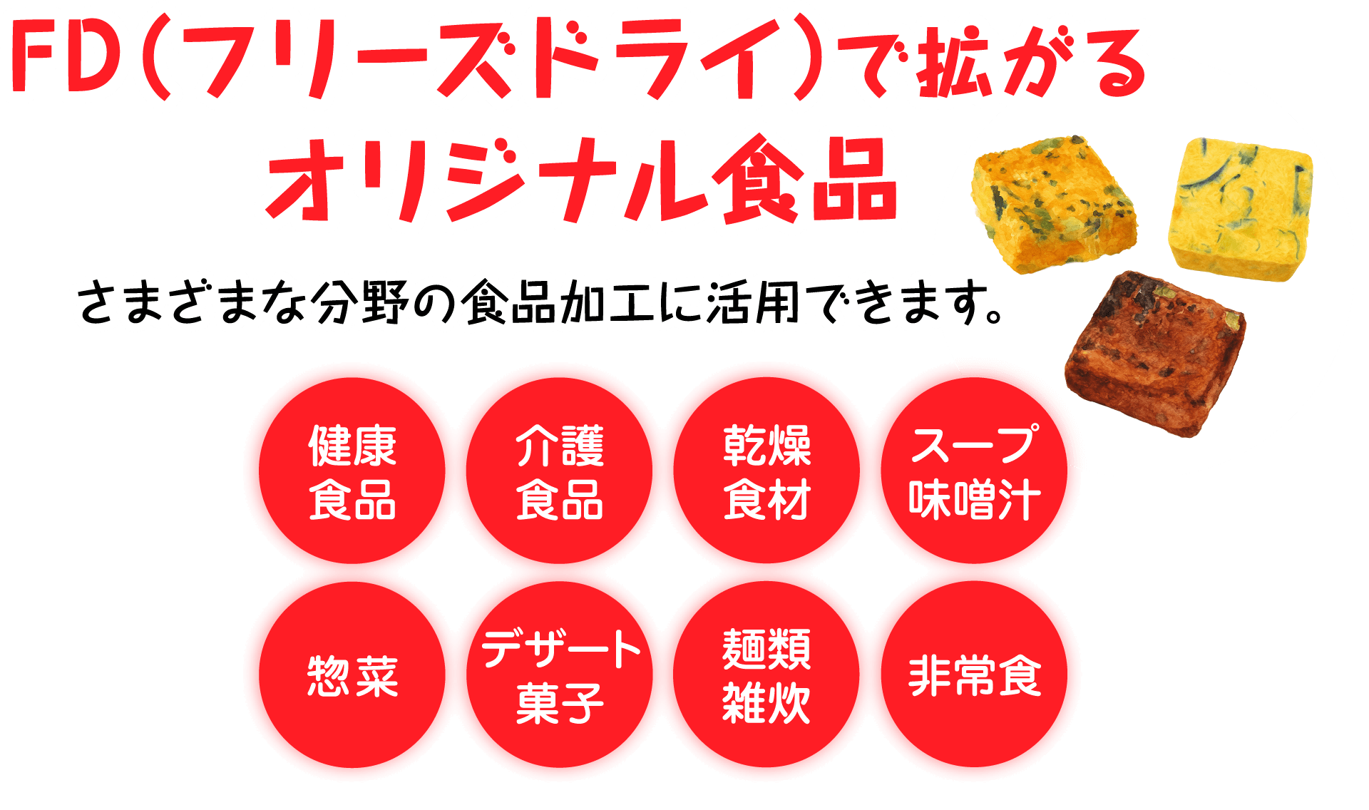 FD（フリーズドライ）で拡がるオリジナル食品 さまざまな分野の食品加工に活用できます。